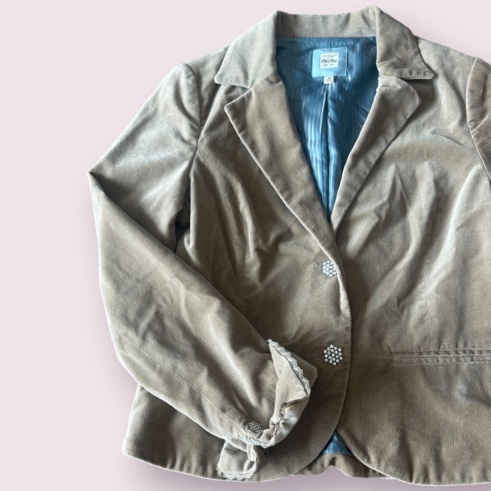 Women’s Old Navy Taupe Velvet Blazer Jacket Crystal And Lace Detail Size Med - Picture 2 of 9